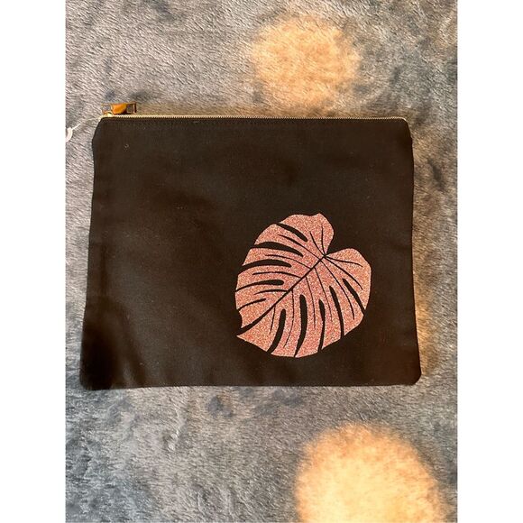 Boutique Handbags - Black Canvas Clutch Pouch Rose Gold Glitter Monstera Leaf Zipper Cosmetic Bag